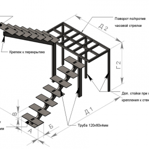 Каркас лестницы на монокосоуре с поворотом на 180 и прямой площадкой. Цена от 75 000 руб.